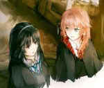  2girls alternate_costume artist_request bangs black_hair blue_eyes blunt_bangs brown_eyes bun_cover cropped_torso eyebrows_visible_through_hair gintama gryffindor hair_ornament harry_potter hogwarts_school_uniform kagura_(gintama) long_hair multiple_girls necktie open_mouth orange_hair ravenclaw robe school_uniform source_request striped striped_neckwear tokugawa_soyo 