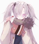  1girl :o bangs blue_jacket blush brown_scarf buran_(kure) eyebrows_visible_through_hair food fur-trimmed_jacket fur_trim girls_frontline glasses grey_hair grey_jacket hair_over_one_eye hand_up head_tilt highres hk21_(girls_frontline) holding holding_food holding_lollipop jacket long_hair long_sleeves looking_at_viewer open_clothes open_jacket parted_lips pinching_sleeves purple_eyes revision round_eyewear scarf sidelocks simple_background sleeves_past_wrists solo twintails upper_body white_background 