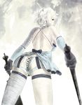  ass back backless_outfit bad_id bad_pixiv_id bandages bare_back blurry braid depth_of_field elbow_gloves fukuhara_tetsuya garters gloves highres kaine_(nier) lingerie looking_back negligee nier nier_(series) panties ribbon short_hair solo sword underwear weapon white_hair white_panties yellow_eyes 