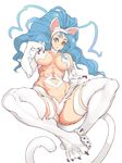  animal_ears ass big_hair blue_eyes blue_hair breasts cat_ears cat_paws cat_tail claws eyelashes felicia fur highres large_breasts long_hair lying paws solo tail vampire_(game) wr_(karakusa_senbei) 