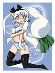  arm_hug black_hairband blue_eyes blush bra ghost hairband kneeling konpaku_youmu konpaku_youmu_(ghost) lingerie panties short_hair silver_hair solo striped striped_panties sumikaze_midi thighhighs touhou underwear 