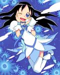  ;d black_hair blue blue_background blue_choker blue_eyes blue_skirt choker cure_marine floral_background hands_on_own_cheeks hands_on_own_face heartcatch_precure! henshin highres hijiri_rei kurumi_erika long_hair magical_girl one_eye_closed open_mouth precure skirt smile solo thighhighs 