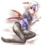  black_legwear blue_hair blush bow bow_panties brown_eyes crotch_seam feet head_wings horns multicolored_hair panties panties_under_pantyhose pantyhose red_eyes short_hair single_head_wing solo thighband_pantyhose tokiko_(touhou) touhou underwear white_hair white_panties wings yoshi_tama 