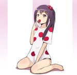  barefoot black_hair bottomless brown_eyes food fruit k-on! listen!! long_hair megane_chuu nakano_azusa polka_dot side_ponytail solo strawberry 