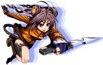  ahoge blue_eyes boots brown_hair chain drill_hair fingerless_gloves foreshortening fujimon gloves jacket knife kunai original reverse_grip running shorts simple_background solo thigh_strap track_jacket weapon 