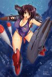  absurdres breasts brown_eyes brown_hair cameltoe highres i-400_(mc_axis) imperial_japanese_navy large_breasts mc_axis mecha_musume one-piece_swimsuit personification shirt submarine swimsuit taut_clothes taut_shirt torpedo us@myo watercraft 
