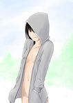  bottomless brown_eyes covering hachinosuke hair_over_one_eye hands_in_pockets hood hoodie naked_hoodie no_bra no_panties open_clothes open_shirt original outdoors shirt short_hair smile solo unzipped 