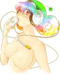  bad_id bad_pixiv_id breasts glasses headphones large_breasts mouse_(computer) multicolored multicolored_hair multicolored_nails nail_polish nipples original red_eyes simple_background solo yumiya 