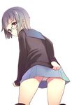  ass bangs black_legwear blue_skirt blush brown_eyes cardigan from_behind glasses grey_hair katase_yuu kita_high_school_uniform kneeling leaning_forward looking_back multicolored_hair nagato_yuki panties pantyshot purple_hair school_uniform serafuku shirt_tug short_hair simple_background skirt socks solo suzumiya_haruhi_no_shoushitsu suzumiya_haruhi_no_yuuutsu underwear white_panties 