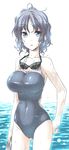  ass_visible_through_thighs blue_eyes blue_hair breasts covered_navel curly_hair goggles goggles_around_neck himura_kiseki large_breasts one-piece_swimsuit original short_hair solo standing swimsuit triangle_mouth water wet wet_hair 