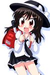  :d backpack bag blush geetsu hair_ornament hairclip hat necktie open_mouth red_eyes skirt smile solo touhou usami_renko 