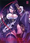  absurdres bayonetta bayonetta_(character) black_hair black_legwear black_panties breasts carnelian cleavage garter_straps glasses gun high_heels highres large_breasts leg_up legs licking_lips long_hair mole mole_under_mouth panties scan shoes solo spread_legs thighhighs thighs tongue tongue_out underwear weapon 