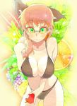  animal_ears apple bespectacled bikini breasts cat_ears cat_tail cleavage eating eightman food fruit glasses green_eyes holding holding_food holding_fruit kaenbyou_rin large_breasts red_hair solo swimsuit tail touhou 