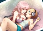  ahoge bare_shoulders between_breasts bow breast_rest breasts brown_eyes brown_hair cleavage digital_media_player eye_contact face green_eyes headphones ipod lips long_hair looking_at_another lying medium_breasts multiple_girls original pink_hair short_hair small_breasts strap_slip toshi_punk yuri 