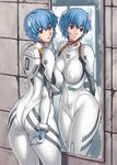  ass ayanami_rei blue_hair bodysuit breasts covered_nipples denkichi large_breasts mirror neon_genesis_evangelion plugsuit red_eyes short_hair skin_tight thighs white_bodysuit 