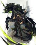  1boy black_footwear black_gloves black_legwear dark_skin dark_skinned_male elbow_spikes gloves greaves green_hair grin hand_on_hip hand_up highres horn male_focus multicolored_hair pixiv_fantasia_last_saga pointy_ears polearm pouch scar shoulder_armor simple_background smile spear spiked_boots sunglasses two-tone_hair unicorn weapon zinnkousai3850 