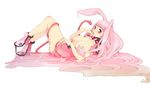 1girl animal_ears bare_legs blue_eyes blush_stickers boots breasts bunny_ears goo_girl large_breasts legs long_hair mechi melona monster_girl nipples pink_hair prehensile_hair queen's_blade slime solo 