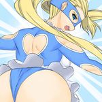  arm_cutout ass ass_focus back_cutout bad_id bad_pixiv_id blonde_hair blue_eyes blue_leotard heart_cutout hip_attack leotard long_hair looking_back mask rainbow_mika solo street_fighter tsukudani_(coke-buta) twintails 