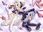  2girls angel_wings bat_wings black_dress black_legwear black_panties blonde_hair blue_eyes blue_hair bow detached_sleeves dress duplicate frills garter_belt hair_bow heart highres horiuchi_sana kneeling lingerie long_sleeves maid multiple_girls murakami_suigun panties pantyshot pantyshot_(sitting) petticoat pia_carrot_(series) pia_carrot_e_youkoso!! shoes short_hair short_twintails sitting skirt skirt_lift thighhighs twintails underwear waitress wallpaper white_dress white_legwear white_panties wings yaegashi_kanae 