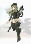  a-10_thunderbolt_ii aircraft airplane ass beret gatling_gun gau-8 green_eyes green_hair gun hat long_hair mecha_musume military mizuyoukan_(norad) original panties pantyshot personification solo striped striped_panties thighhighs underwear weapon 