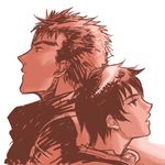  bad_id bad_pixiv_id berserk casca guts monochrome mukuge multiple_boys white_background 