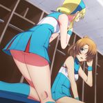  ass blonde_hair blue_eyes blush brown_hair cheerleader commentary_request genderswap genderswap_(mtf) hair_over_one_eye heroman joey_jones kanna_asuke legs lina_davis multiple_girls sitting upskirt 