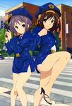  absurdres feet gun hair_ribbon handgun hat high_heels highres leg_lift legs megami multiple_girls nagato_yuki nishiya_futoshi official_art peaked_cap pencil_skirt police police_hat police_uniform policewoman pose revolver ribbon sandals shoes sidewalk skirt suzumiya_haruhi suzumiya_haruhi_no_shoushitsu suzumiya_haruhi_no_yuuutsu thighs toes uniform weapon 