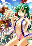  bad_id bad_pixiv_id blonde_hair blue_eyes bow breasts brown_hair cleavage frog fundoshi green_eyes green_hair hair_bow hakurei_reimu hat japanese_clothes kochiya_sanae large_breasts long_hair moriya_suwako multiple_girls nipples no_bra onaka_sukisuki open_mouth purple_hair red_eyes short_hair smile touhou yasaka_kanako 