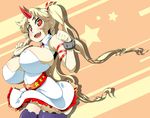  alternate_hairstyle blonde_hair breasts cuffs horn hoshiguma_yuugi huge_breasts impossible_clothes impossible_shirt long_hair panties red_eyes shirt solo thighhighs toudori touhou twintails underwear 