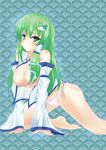  all_fours bad_id bad_pixiv_id barefoot blush breasts breasts_outside detached_sleeves frog_hair_ornament green_eyes green_hair hair_ornament highres kochiya_sanae large_breasts long_hair nipples no_pants panties pink_panties second_heaven side-tie_panties snake_hair_ornament solo touhou underwear 