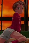  classroom desk hair_up haruyama_kazunori indoors kaidan_restaurant kowada_mari shorts solo twilight window 