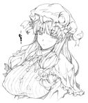  breasts covered_nipples erect_sawaru greyscale hat large_breasts long_hair monochrome patchouli_knowledge shirt solo taut_clothes taut_shirt touhou upper_body 
