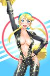  blonde_hair blue_eyes blush bodysuit breasts center_opening cleavage cosplay hand_on_hip heroman kasuga_(sengoku_basara) kasuga_(sengoku_basara)_(cosplay) large_breasts lina_davis pom_poms sengoku_basara solo ueyama_michirou 