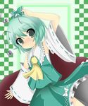  antenna_hair antennae bow cosplay detached_sleeves green_eyes green_hair hakurei_reimu hakurei_reimu_(cosplay) kumatoshi sarashi short_hair solo touhou wriggle_nightbug 