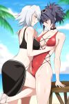  2girls bangs bare_shoulders bikini black_bikini black_hair blue_sky blurry blurry_background breast_grab breasts brown_eyes choker cloud collarbone commentary covered_navel day english_commentary eye_contact eyewear_on_head from_side fujibayashi_sheena grabbing grey_hair groin hair_between_eyes hand_on_another&#039;s_shoulder highres hip_bones horizon index_finger_raised leg_between_thighs lindaroze looking_at_another multiple_girls ocean official_alternate_costume outdoors palm_leaf parted_lips patreon_username profile raine_sage red_one-piece_swimsuit sandals shiny shiny_skin short_hair shoulder_blades sky smile standing standing_on_one_leg stool sunglasses swimsuit tales_of_(series) tales_of_symphonia tree twisted_torso twitter_username water watermark web_address white-framed_eyewear white_footwear yuri 