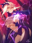  1girl absurdres artoria_pendragon_(fate) artoria_pendragon_(lancer_alter)_(fate) black_bodysuit blonde_hair bodysuit braid breasts clothing_cutout fate/grand_order fate_(series) french_braid gauntlets hair_between_eyes highres holding holding_polearm holding_weapon large_breasts moto_(otemoto02) open_mouth orange_eyes polearm revealing_clothes sidelocks signature stomach_cutout thighs underboob weapon 
