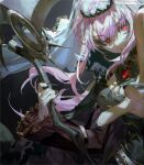 1girl black_nails breasts cleavage gem holding holding_weapon hololive hololive_english jewelry long_hair looking_at_viewer mori_calliope nail_polish pink_hair quasarcake red_eyes scythe tiara veil virtual_youtuber weapon 