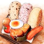  commentary_request egg food food_focus napkin no_humans onigiri ooranokohaku original salmon sushi table tomato wooden_table 