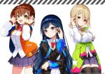  3girls bangs black_jacket blonde_hair blue_hair bow brown_hair denonbu green_eyes green_hoodie green_scrunchie hair_between_eyes hair_ornament hair_tie hairclip hairpin hidaka_reina_(denonbu) hood hoodie jacket kayano_futaba koruri long_hair long_sleeves looking_at_viewer multiple_girls official_art open_clothes open_jacket open_mouth orange_eyes orange_jacket pin pleated_skirt red_eyes robot school_uniform scrunchie shinonome_kazune shirt side_ponytail skirt smile smiley_face standing thighhighs twintails white_shirt 