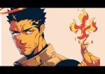  1boy absurdres bara beard black_bodysuit black_hair bodysuit collared_shirt commentary_request facial_hair fire flaming_halo hand_up highres letterboxed male_focus mature_male muscular muscular_male ogata_tomio orange_background shirt short_hair sideburns simple_background solo spiked_hair stubble tokyo_afterschool_summoners upper_body v-shaped_eyebrows yellow_eyes zabaniyya_(housamo) 