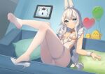  +_+ 1girl 22_(dbq) absurdres ahoge animal_ear_fluff animal_ears azur_lane balloon bangs bare_shoulders blue_eyes blush braid breasts choker closed_mouth collarbone couch creature feet full_body grey_hair hair_ribbon heart_balloon high_heels highres knees_together_feet_apart le_malin_(azur_lane) le_malin_(listless_lapin)_(azur_lane) legs leotard long_hair looking_at_viewer manjuu_(azur_lane) no_shoes o-ring o-ring_choker official_alternate_costume on_couch painting_(object) panties pillow rabbit_ears revealing_clothes ribbon shoe_dangle shoes single_shoe sitting small_breasts smile solo thigh_strap toes twin_braids underwear very_long_hair white_footwear white_leotard white_panties white_ribbon wrist_cuffs 