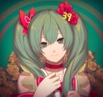  1girl 39 bow character_name commentary floral_background flower green_eyes green_hair hair_bow hair_flower hair_ornament hatsune_miku isumi_(yangyan) looking_at_viewer lowres miku_day red_bow red_flower red_rose rose smile solo symbol-only_commentary upper_body vocaloid yellow_flower yellow_rose 