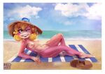 absurd_res anthro ape_escape beach blinking blonde_hair blush breasts clothing detailed_background digital_media_(artwork) eyelashes female footwear hair haplorhine hat headgear headwear hi_res mammal monkey nipples nude open_mouth outside pink_body pink_monkey primate redsmock sand seaside sky smile solo solo_focus sony_corporation sony_interactive_entertainment tongue tongue_out video_games water 