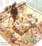 1girl 2boys ashtray black_hair black_necktie blonde_hair book boxers cabinet carrotsprout cat cd cd_case chainsaw_man chips_(food) cleaning closed_eyes clothes_lift coffee_cup collared_shirt crayon crayon_drawing cup denji_(chainsaw_man) disposable_cup dog_treat dress food french_fries fruit grey_tank_top hayakawa_aki highres horns hug letter light long_hair male_underwear mcdonald&#039;s meowy_(chainsaw_man) messy multiple_boys necktie nintendo_switch open_book open_mouth orange_(fruit) orange_peel paper paper_airplane plant potato_chips potted_plant power_(chainsaw_man) red_dress red_horns shirt shirt_lift short_hair sleeping socks sticky_note sunlight sweater tank_top tissue_box topknot twig underwear vacuum_cleaner white_cat white_shirt window 
