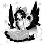  1girl arm_cannon bird_wings black_hair black_sun black_wings blouse breasts buttons center_frills collared_shirt control_rod frilled_shirt_collar frilled_skirt frills greyscale large_breasts long_hair monochrome puffy_short_sleeves puffy_sleeves reiuji_utsuho shirt short_sleeves skirt solo sun tanasuke third_eye touhou weapon white_shirt wings 