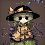  1girl bangs black_eyes black_headwear collared_shirt cowboy_shot frilled_shirt_collar frills green_hair green_skirt hat hat_ribbon heripantomorrow komeiji_koishi long_hair open_mouth ribbon shirt skirt sleeves_past_fingers sleeves_past_wrists solo sprout_on_head touhou translation_request watering yellow_ribbon yellow_shirt 