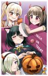  4girls absurdres animal_ears blonde_hair cake candy cellphone closed_eyes couch dark_green_hair demon_horns evil_smile fang food grey_hair halloween highres holding holding_phone horns looking_at_another looking_at_viewer love_live! love_live!_nijigasaki_high_school_idol_club mia_taylor mifune_shioriko miyashita_ai multiple_girls nakasu_kasumi on_couch orange_eyes phone pumpkin purple_eyes red_eyes school_uniform ska.harumi sleeping smartphone smile teeth trick_or_treat upper_teeth 