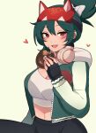  1girl absurdres black_gloves black_pants blush breasts brown_eyes cleavage copyright_request crop_top doughnut facial_mark fingerless_gloves food gloves green_hair green_jacket headphones headphones_around_neck heart highres holding holding_food jacket kiriko_(overwatch) large_breasts lips long_sleeves navel open_mouth pants rukiadaichi short_hair smile solo teeth tongue upper_teeth 