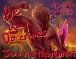  anthro arm_tattoo arson back_tattoo chupadore crossroadspony detailed_background dyed_fur fire flexing furgonomics furry-specific_piercing hi_res looking_at_viewer male muscular muscular_male piercing propaganda rvb_revolution samael_wurlitz solarsilv solo tattoo text 