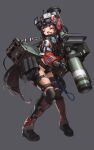  1girl bangs black_gloves character_request fingerless_gloves full_body gloves goddess_of_victory:_nikke grey_background hair_between_eyes highres holding_rocket_launcher jacket long_hair open_mouth ponytail seung_mo_kim sidelocks simple_background solo standing teeth upper_teeth very_long_hair 